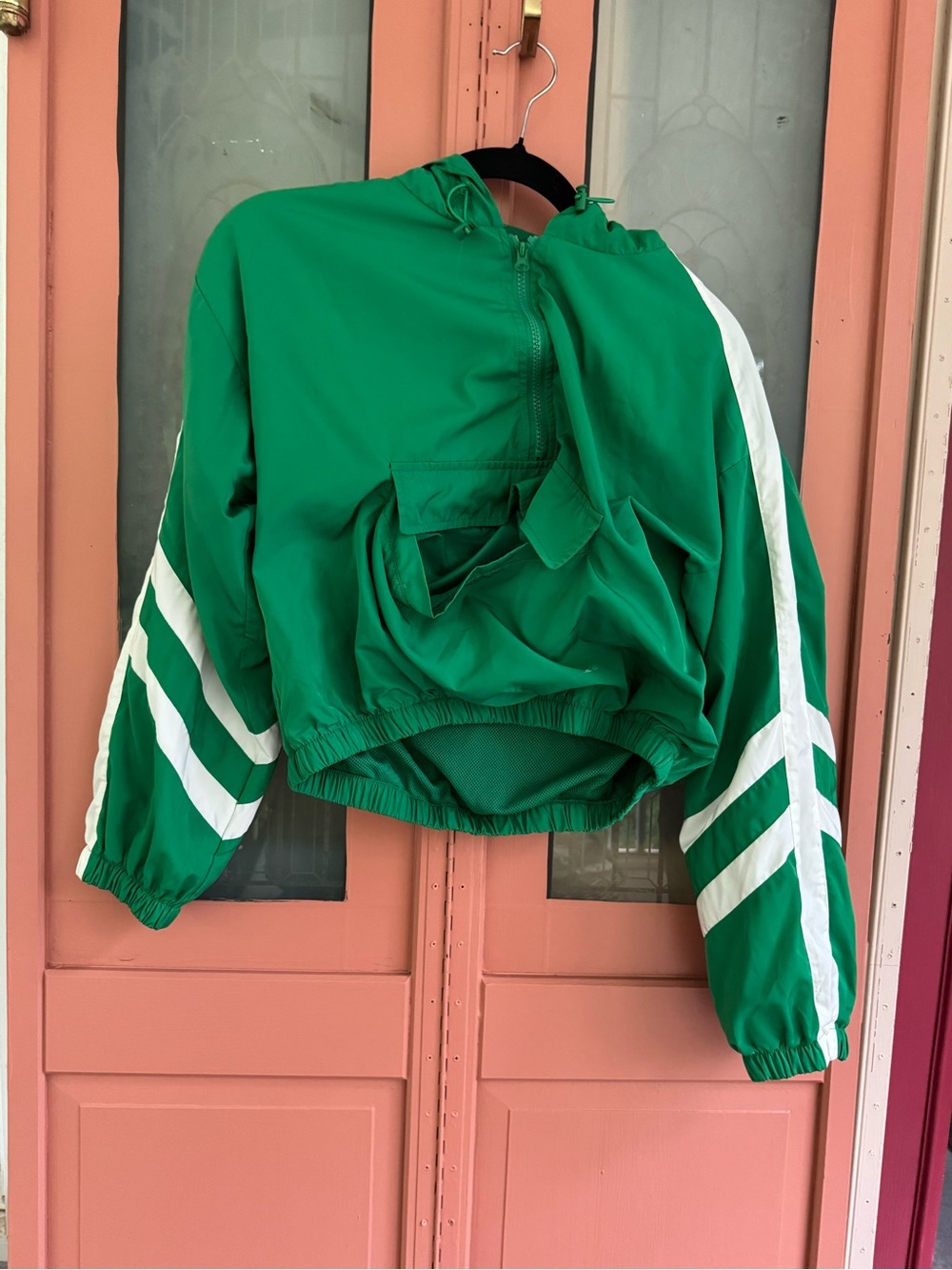 Forever 21 Green Hooded Bomber Jacket with White Stripes